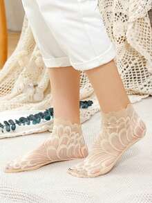 女士蕾丝网眼隐形弹力舒适薄款透明透气舒适踝袜 - 彩色 - 查看 4