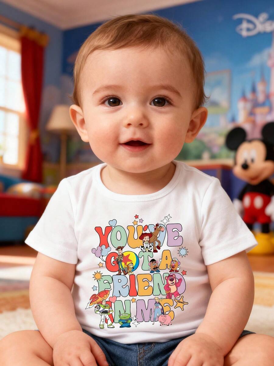 Disney Baby Boy T-Shirt, Printed With Toy Story Letter And Cartoon Patterns, Made Of Breathable, Soft And Comfortable Fabric. A Spring/Summer Style Crew Neck T-Shirt, Perfect For Everyday Wear And Outings, And Also Makes A Great Gift For A Baby. - 白色 - 查看 1