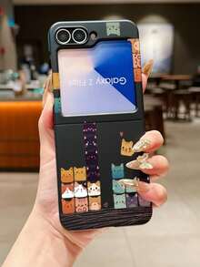 1pc Fashionable And Simple Skin Feel PC Material Cute Cat Element Folding Phone Case, Can Protect And Prevent Falling: Compatible With SamsungGalaxy Zflip 3/Zflip 4/Zflip 5/Zflip 6/Zflip 7/ Razr 50 Ultra/ Razr 60 Ultra/ Razr 60/ Razr 50/Galaxy Z Flip7 FE - Black - View 7