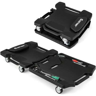  COSTWAY 43 Inches Mechanic Creeper, Half-Folding Low Profile Rolling Creeper With Padded Headrest & Tool Trays, Heavy-Duty Under Car Automotive Repair Seat For Garage, 350 LBS Max Load, Black