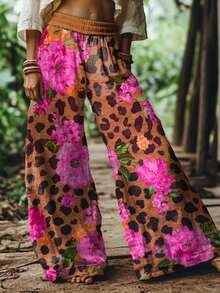 (Free Shipping!!!) 2026 New Arrival Women's Bold Leopard & Floral Print Wide-Leg Pants | High Waist Loose Fit Trousers;Vacation Outfits Women;Summer Outfits For Women - Màu Hoa hồng đỏ - Xem 3