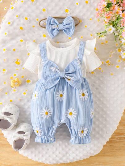 1pc Infant/Toddler Girls' Cute & Comfortable Short Sleeve Romper With Printed Shorts, Lightweight Spring/Summer Mori Style