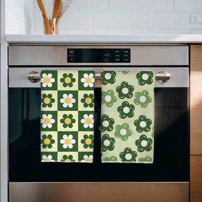 2pcs Vintage Floral Checkered Pattern Kitchen Towels, 40*60cm Absorbent Microfiber Dish Cloths, Suitable For Kitchen, Bathroom, Housewarming Gifts, Great Value For Home
