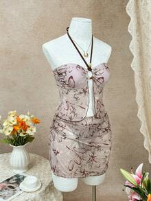 New Sexy Floral Print Mesh Beaded 3-Piece Bikini Set, Halter Swimsuit, Suitable For Beach, Pool Party, Spring/Summer - Brown - View 9