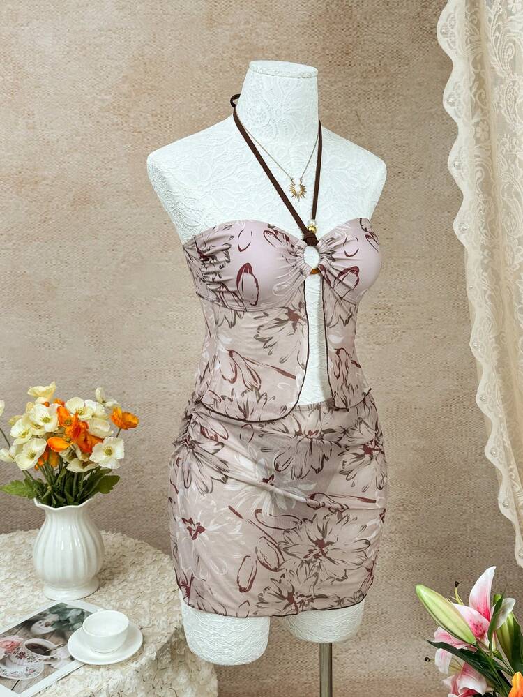 Bộ bikini 3 mảnh lưới đính hạt họa tiết hoa gợi cảm mới, kiểu dáng yếm cổ, thích hợp cho bãi biển, tiệc bể bơi, kỳ nghỉ xuân/hè. - màu nâu - Xem 8