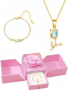 Pink Fresh Jewelry Gift Box, Fashionable And Sweet Tulip Flower Shaped Necklace And Bracelet Set, Sparkling Necklace And Bracelet, Suitable For Giving To Your Girlfriend, Friends, And Yourself On Valentine's Day And Christmas As Holiday Gifts - Multicolor - View 15