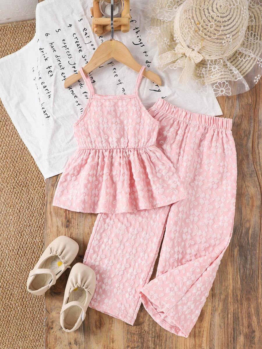 2pcs/Set Young Girl' Jacquard Sleeveless Camisole And Pants Set, Summer - Pink - View 1