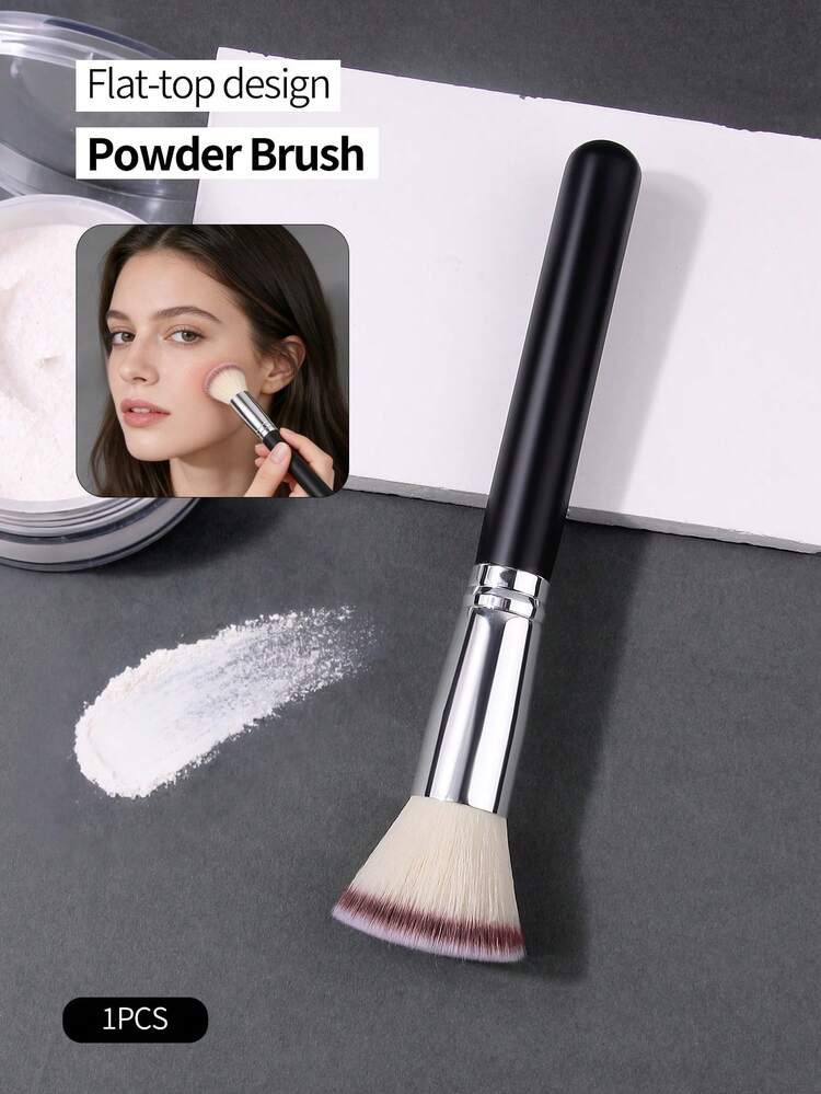 1pc Black Soft Flat Top Powder Brush, Blush Brush, Highlighter Brush, Contour Brush, Multi-Functional Makeup Brush - Black - View 3