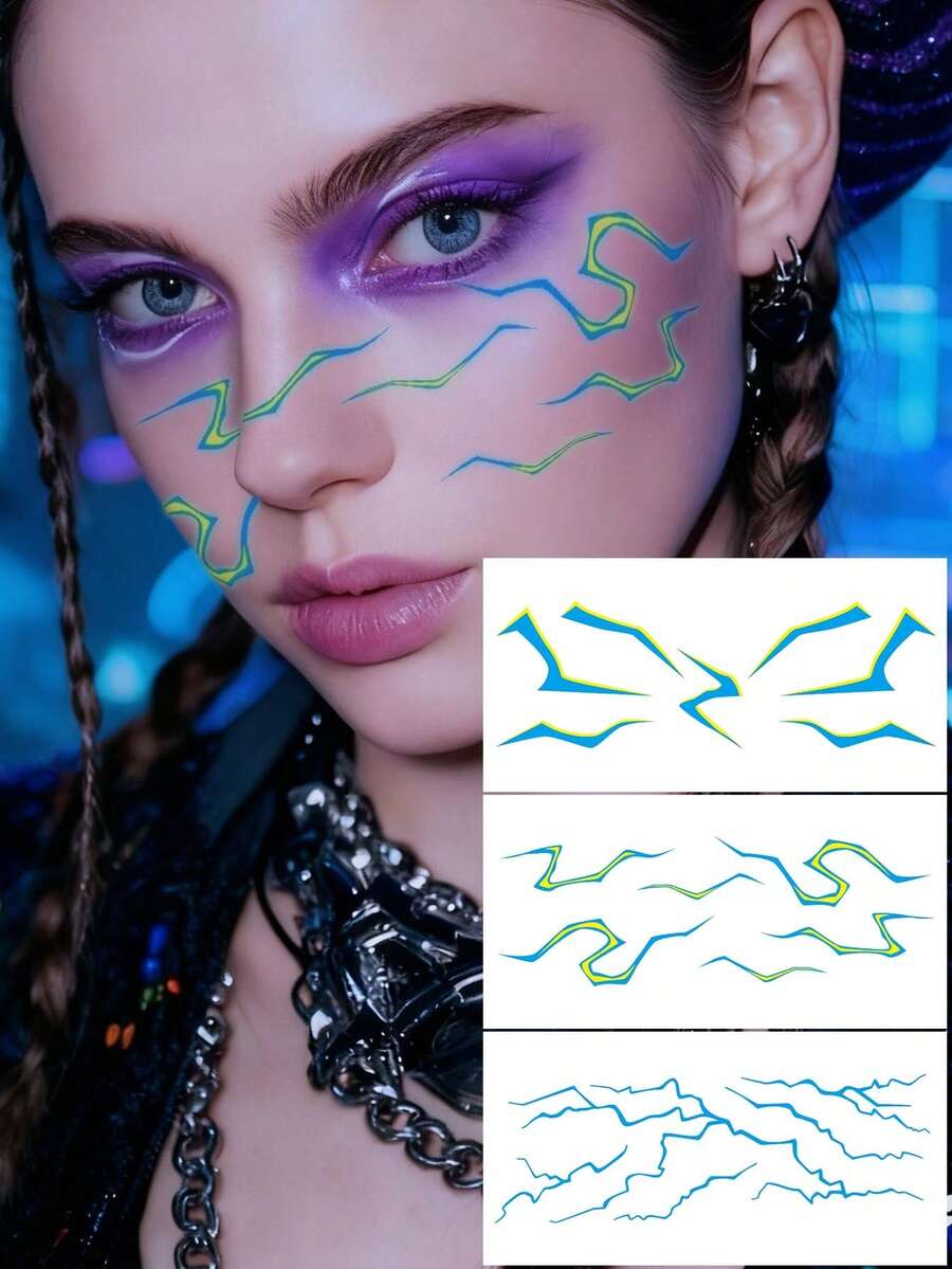 STARTTOOS 3pcs Fluorescent Laser Cool Thin Line Lightning Crack Glow-In-The-Dark Vein Pattern Y2K Dual-Effect Halloween Costume Tattoo Stickers For Face, Arm, Waist, Abdomen, Leg, Waterproof