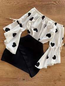 女士度假穿搭，女士夏季穿搭，时尚百搭优雅露肩长袖日常上衣 - 黑與白 - 查看 2