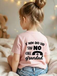 Young Girl Casual Graphic Print Crew Neck Short Sleeve T-Shirt, Summer Top - Pink - View 1