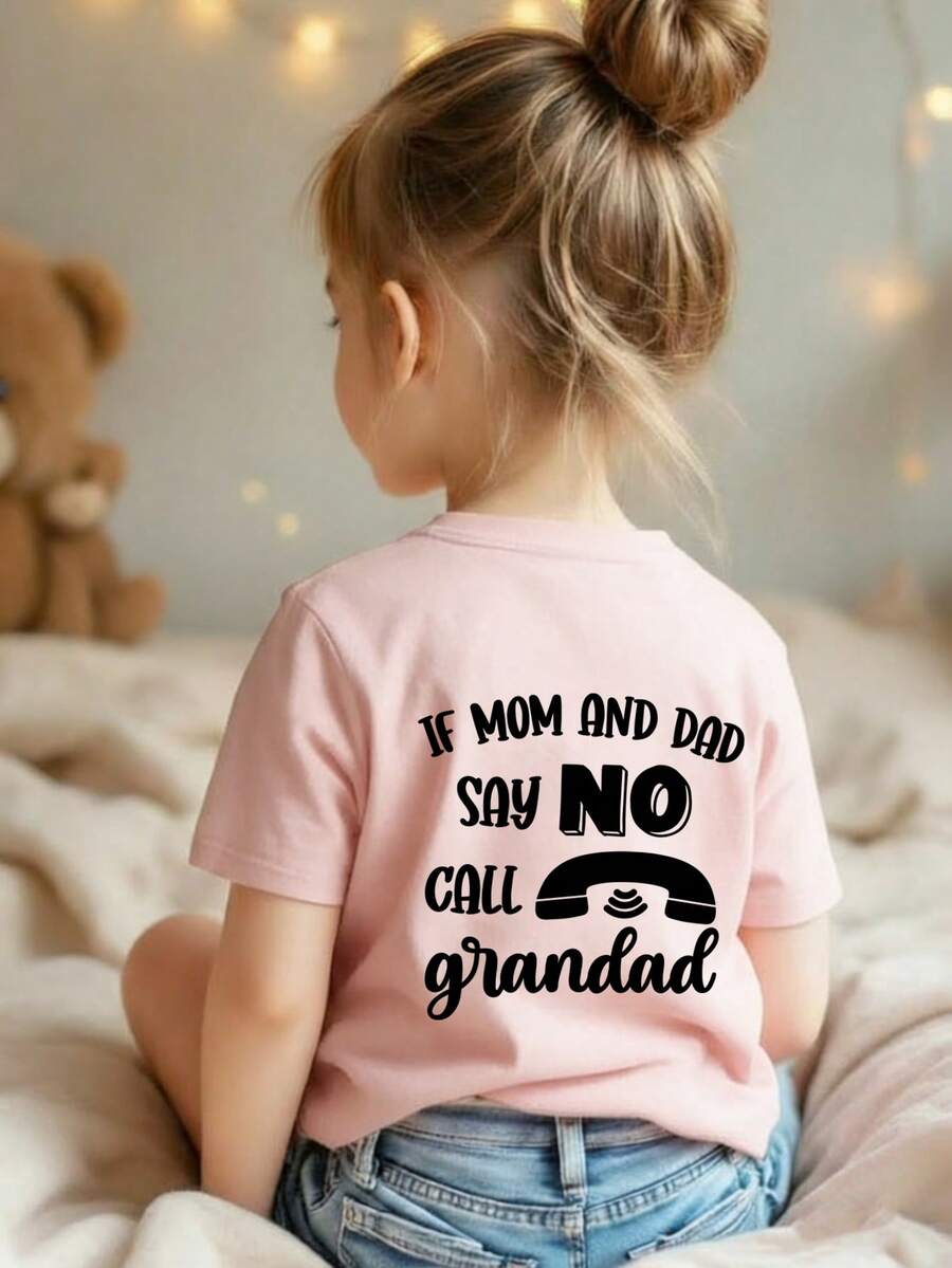 Young Girl Casual Graphic Print Crew Neck Short Sleeve T-Shirt, Summer Top - Pink - View 1