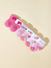 6雙/包情人節心形和蝴蝶結裝飾保暖毛巾襪,適合女嬰 - 彩色 - 查看 7
