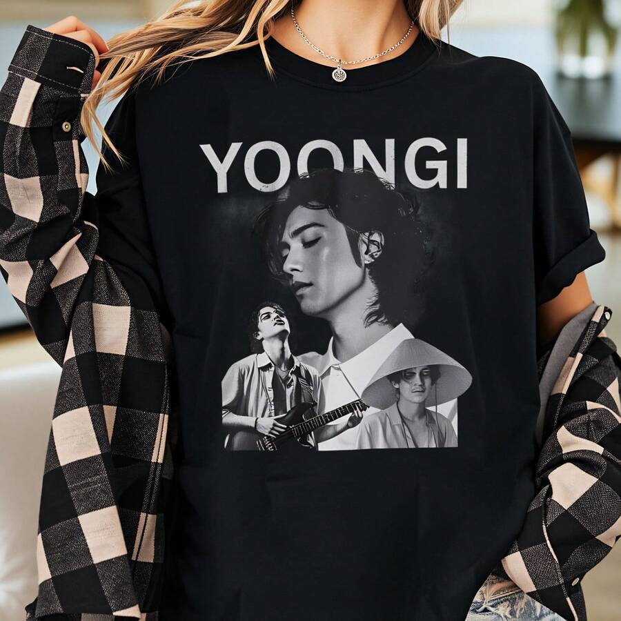 [YOONGI Graphic Tee] Men'S & Women'S YOONGI Graphic T-Shirt - Retro Celebrity-Style Short Sleeve Round Neck Tee With Bold White Lettering & Portrait Print, Unisex Casual Shirt For Casual Attire,  Man Clothes Gifts For Boyfriend Short Sleeve Tees  T Shirt Men 2026 Couples T-Shirt T Shirt Men 2026 Funny Shirt Clothes Graphic T Shirts Funny T-Shirt For Men Streetwear Men Kawaii 100% Cotton 1PC 180g - Black - View 1