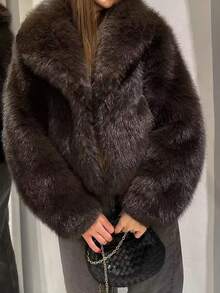 Camellia New Autumn/Winter Faux Fox Fur Collar Fashionable Short Coat, Youthful & Stylish Artificial Fur Jacket - Brownish-green - View 2