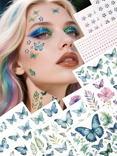 Green Glitter Butterfly Eyeliner Temporary Tattoo + Multi-Size Silver-White Rhinestone Face Gems, Women's Festival Gift, DIY Carnival, Valentine's Day, Y2K Music Festival, Party Makeup Costume Jewel Sticker Tattoo Set