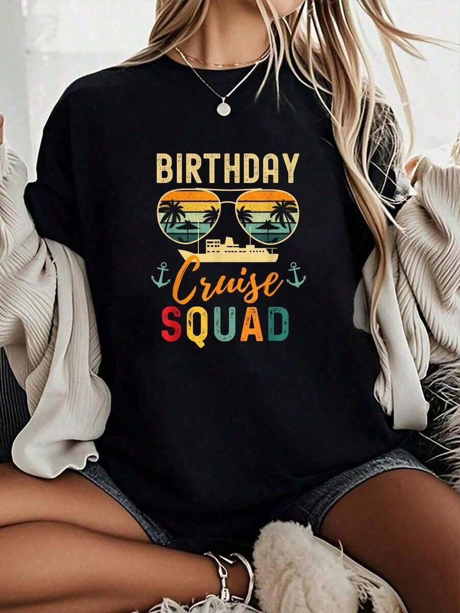 Birthday Cruise Shirts Squad Family Vacation Summer T-Shirt -  Short-Sleeved Crew Neck Casual Top, Suitable For All Seasons, Women's Wear - Black - View 1