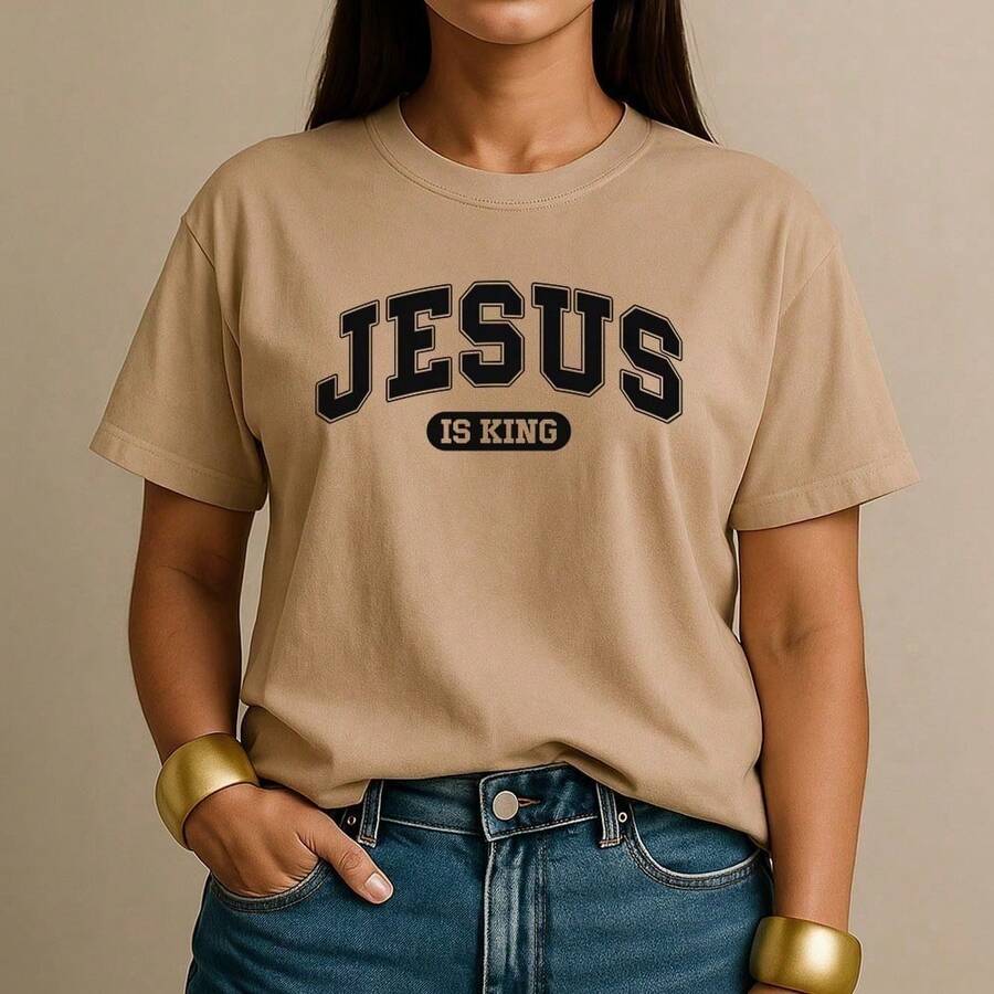 Women's T-Shirt 100% Cotton Jesus Is King Christian Print College Christian Casual Everyday Style - 米色 - 查看 1