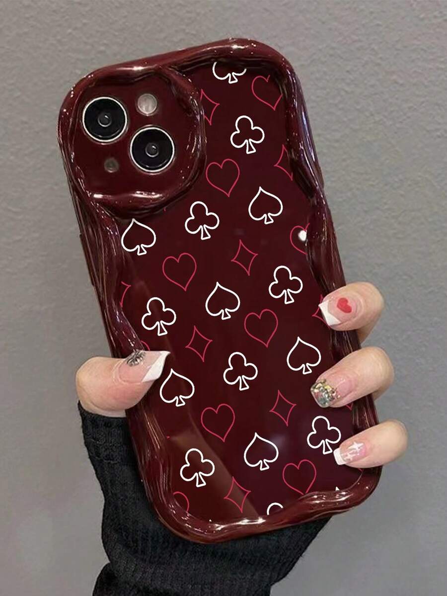 Heart Cream Wavy Edge Burgundy Minimalist Anti-Drop Thick Phone Protective Case With Printed Design, Compatible With Iphone 17/17 Pro/17 Pro Max, 16 XR/7/8, 15 Pro Max, 12 Pro Max, 13 Pro Max, 14 Pro Max, 13, 14, 11, 12P, 14, P11 Soft Shell, P12 Anti-Drop, XS, XR, 7/8P, 7/8GES2 - Multicolor - View 1