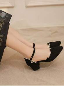 1双珍珠装饰T字带粗跟高跟舞鞋，尖头镂空派对社交舞鞋，女士款 - 黑色 - 查看 5