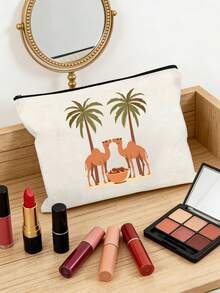 Reißverschlusstasche mit bedruckten Kamelen, Datteln und Palmen - Festivalthema Muster, große Kapazität Damen Reise Make-up Tasche, tragbare faltbare Aufbewahrungstasche, Mittlerer Osten / Arabische Wüstenlandschaft Make-up Aufbewahrungstasche, leichte Reise Kosmetiktasche, Make-up Tasche, Handtasche, Kulturtasche, Federmäppchen, Beutel, Make-up Beutel, Reiseessentials - Verschiedenfarbig - Übersicht 2