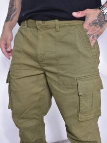 Calças Cargo Masculino Sarja Casuais com Multi-Bolsos Com Lycra - Verde Oliva - Visão 9