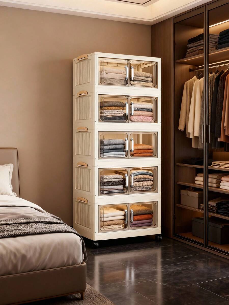 1个45/60厘米可折叠储物柜，1-5层双门塑料储物架带轮子，客厅玩具零食多层柜，衣物收纳柜，家用防尘架，家用收纳架，储物盒，塑料容器，油瓶，厨房收纳配件，杯架，1个油瓶，勺架，厨房置物架，收纳袋，冰箱收纳架 - 彩色 - 查看 1