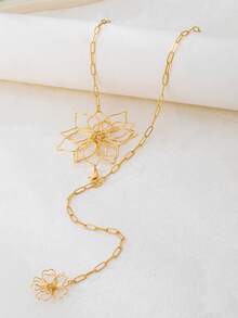 1pc Versatile Hollow Flower Waist Chain, Metal Wire Flower Tassel Design, Vacation Style Women's Waist Chain, Suitable For Beach, Seaside, Casual Holiday, Honeymoon Wear - Yellow Gold - View 3
