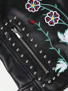 Chaqueta multifuncional de primavera y otoño para ir al trabajo o ciclismo, con bordado floral y remaches, de estilo simple y de moda para mujer - Negro - Ver 7