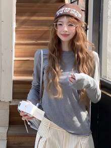 宽松卷边长袖T恤，轻薄面料，修身版型，春季叠穿上衣 - 灰色 - 查看 3