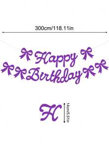 闪光“生日快乐”拉旗，紫色蝴蝶结生日横幅，生日派对装饰拉旗，蝴蝶结生日主题拉旗，蝴蝶结生日派对装饰 - 紫色 - 查看 3