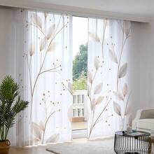 2片装藤蔓叶纹薄纱窗帘 - 100%涤纶半透明窗帘，适用于客厅、卧室、阳台、隔断、咖啡厅、厨房、餐厅、办公室 - 可机洗，节日家居装饰，现代节日风格客厅薄纱窗帘，季节性房间装饰，白色半透明遮光防蚊涤纶面料窗帘 - 彩色 - 查看 1