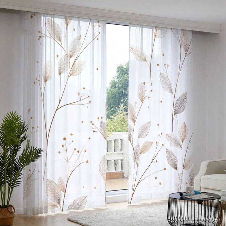 2片装藤蔓叶纹薄纱窗帘 - 100%涤纶半透明窗帘,适用于客厅、卧室、阳台、隔断、咖啡厅、厨房、餐厅、办公室 - 可机洗,节日家居装饰,现代节日风格客厅薄纱窗帘,季节性房间装饰,白色半透明遮光防蚊涤纶面料窗帘 - 彩色 - 查看 1