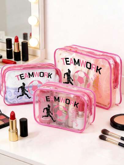 Rose Red PVC Transparent Toiletry Bag, With Pink Soccer-Themed Pattern And "TEAMWORK" Text,Sporty Design,Waterproof Travel Storage Bag,Multi-Functional Travel Zipper Bag,Cosmetic Organizer