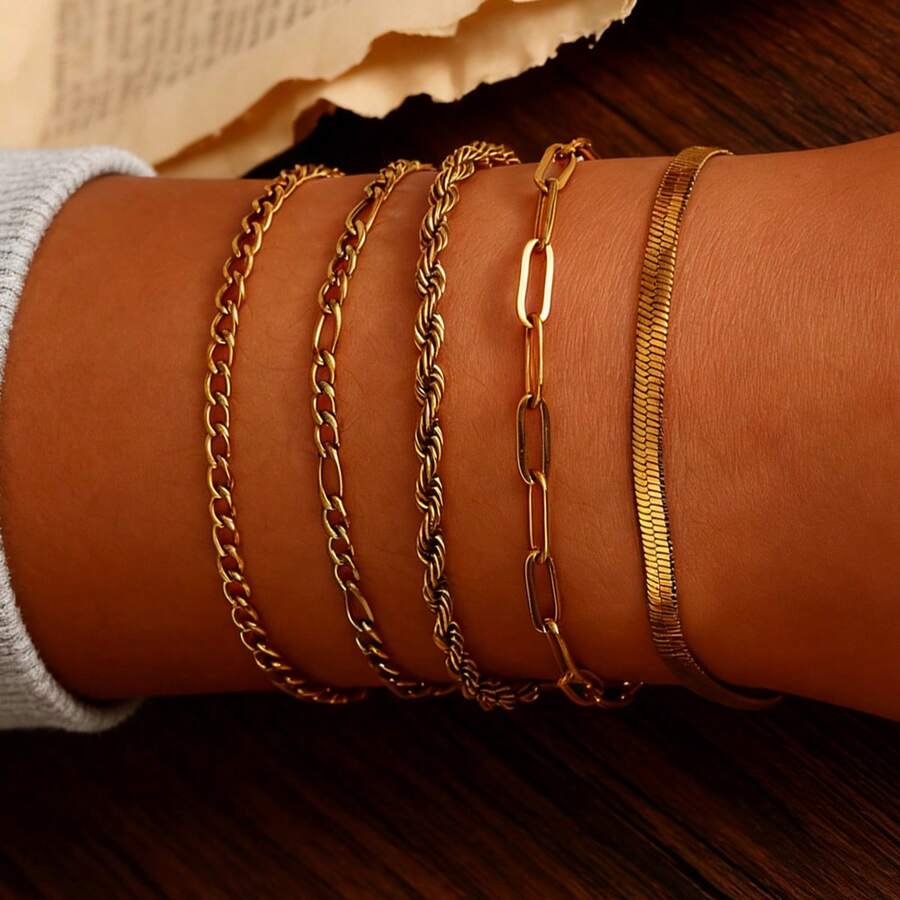 5pcs Elegant 18K Gold Plated Stainless Steel Blade & Twisted Chain Bracelet Set, Suitable For Women As Gift Or Daily Wear - Multicolor - View 1