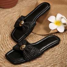 Bow Sandals For Women Dressy Square Open Toe Slippers Comfortable Slides For Summer Casual Vacation Beach Shoes Flats - Black - View 4