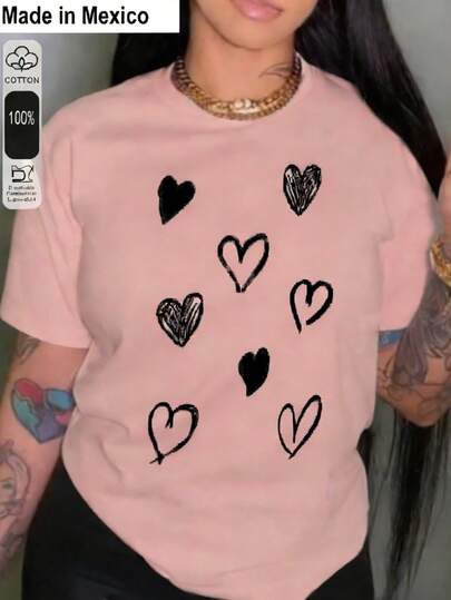 1 camiseta unisex estampada de corte relajado Estilo minimalista dibujado a mano Corazones negros Sencilla y limpia Adecuada para ocasiones como vacaciones de verano, Halloween y el Día de la Independencia de México,Adecuado para que lo usen las parejas..