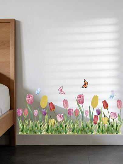 1PC Tulip Flower And Grass Skirting Tile For Living Room And Bedroom, Wall Corner Home Background Decorative Painting, Removable Wall Sticker Painting