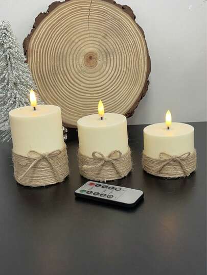 3支装LED蜡烛灯，带绳，电池供电，配有专用遥控器，时尚、舒缓、无香型，适合户外聚会、生日、圣诞节、派对等场合。