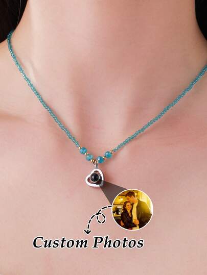 1pc Customized Photo Projection Necklace, Personalized High-Definition Photo, New Handmade Beaded Heart Necklace, Fashionable, Casual, Minimalist, Unisex, Colorful, Retro, Cute, Customized, Personalized, Unique, Ideal Gift For Him, Ideal Gift For Her, Girlfriend, Mom, Family, Friends, Anniversary