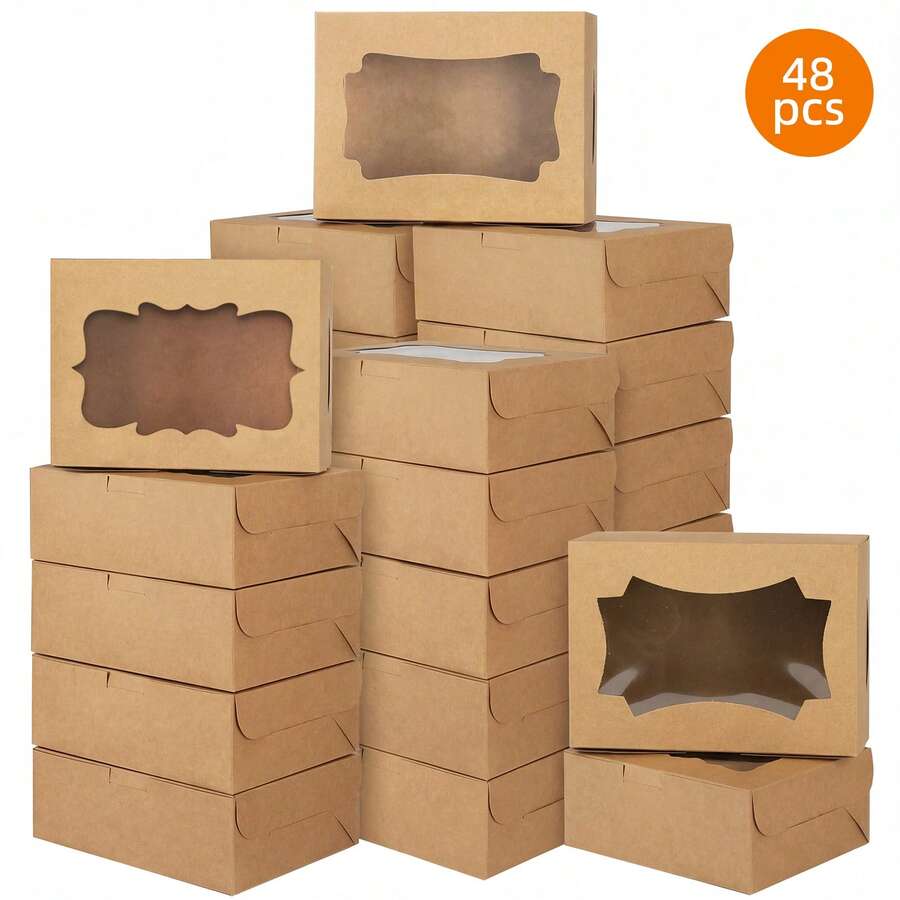 Tomnk 48pcs 8x6x2.5 Inches Bakery Boxes, Cookie Boxes, Treat Boxes With 3 Style Window, For Chocolate Strawberries Muffins Donuts And Party Favor, White/Brown, For Mother's Day, Wedding, Party - Nhiều màu - Xem 1