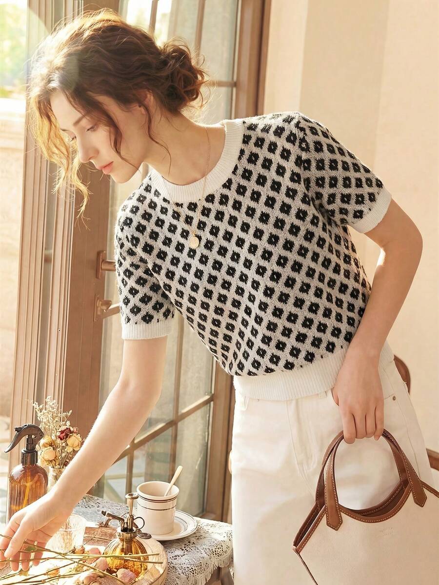 Knit Mix 优雅女士针织上衣，别致法式风格，通勤通勤针织衫，花卉图案，撞色短袖上衣，适合春夏穿着，简约复古返校季、圣诞节、感恩节和新年休闲假日装扮。