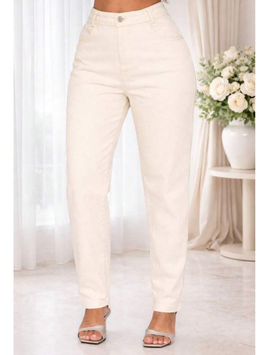 Women's High-Waisted Mom Jeans, Thick Fabric, 100% Denim - 白色關閉 - 查看 1