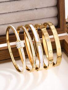 5件套简约优雅奢华闪亮星形手链，女士高端钛钢手链 - 金色 - 查看 6