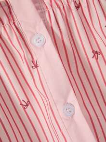 女士春季休闲度假日常通勤拼接蝴蝶结条纹印花荷叶边长袖衬衫 - 粉色 - 查看 6