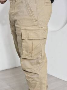 Calças Cargo Masculino Sarja Casuais com Multi-Bolsos Com Lycra - Marrom Claro - Visão 5