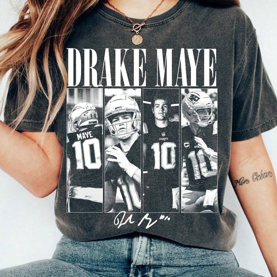 Vintage Drake Maye Shirt, Maye 10 New England Football Tshirt, Co Mfort Co Lors Rap Tee, Game Day Shir - 黑色 - 查看 1