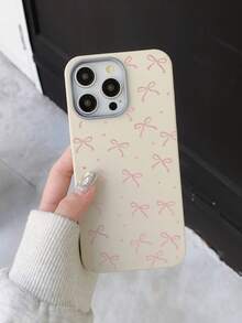 Cute Sweet Style Pink Bow Heart Print Phone Case, Simple Large Hole Soft TPU Anti-Drop White Phone Protective Cover, Compatible With IPhone - White - View 3