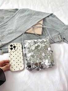 Fashionable New Sequin Shoulder Bag, Chain Strap Small Square Bag For Women - Silver - View 12
