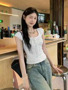 Áo thun ngắn tay cổ vuông, viền ren, thiết kế bèo nhún, buộc dây, kiểu dáng thường ngày. - trắng - Xem 4